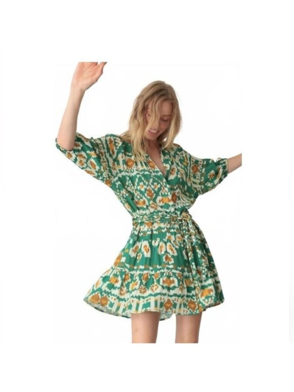 Electric & Rose Clarissa Ikat Print Shirtdress L‎ Emerald Green Boho Mini Resort